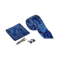 Brianze Mavi Şal Desen Kravat Mendil Kravat İğnesi ve Kol Düğmesi