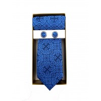 Brianze Motif Desen Mavi Kravat Mendil Kol Düğmesi Kutulu Hediyelik Set