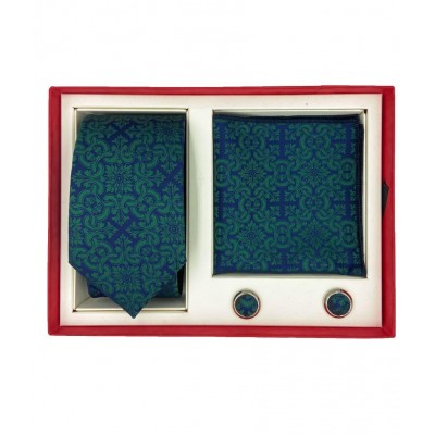 Brianze Motif Desen Yeşil Kravat Mendil Kol Düğmesi Kutulu Hediyelik Set 