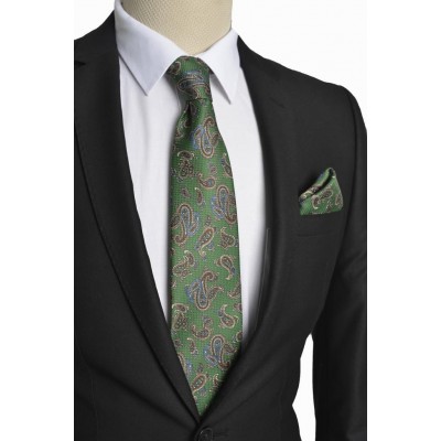 Brianze Şal Desen İtalyan Stil Yeşil Mendilli Kravat 