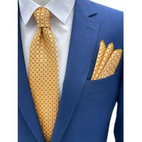 Brianze Sarı Saks Mavi Desenli Kravat Mendil Set