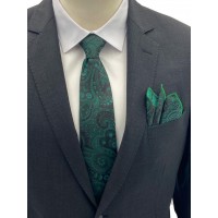 Brianze Yeşil Şal Desen Kravat Mendil Set